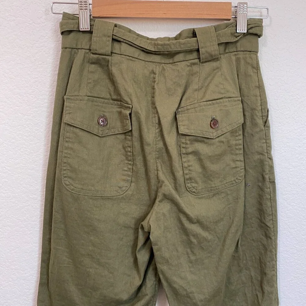 Banana Republic Green Linen Blend High-Waist Paper Bag Trousers Pants Size 0